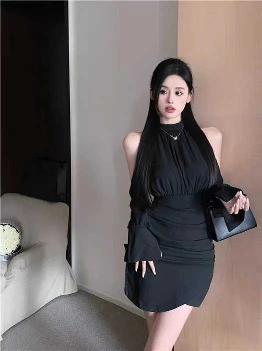 

Ele plus Size Women's High Waist Dr oulder Bared Base Skirt Korean Sle Slim Fit Long Sve ort Autumn Winter New