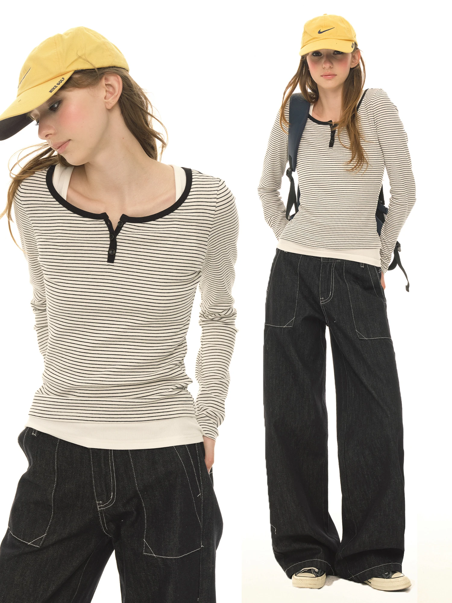 

Женская приталенная футболка UNRETRO с длинным рукавом, круглым вырезом, в полоску, базовый слой, в американском ретро-стиле, дышащая, комфортная