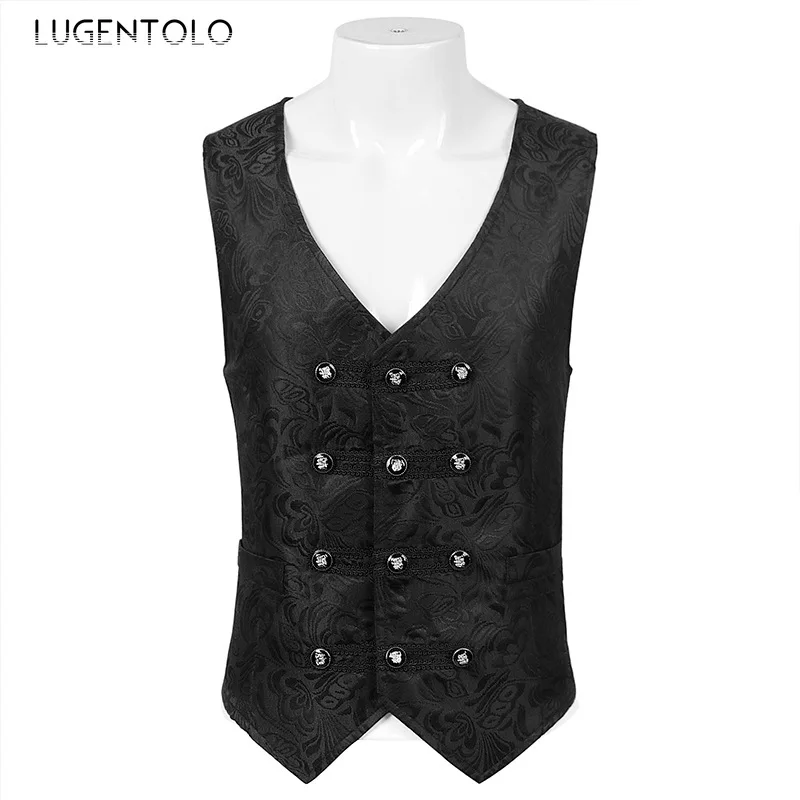 Men Gothic Vest Jacket Medieval Costume Retro Casual Three-breasted Black Sleeveless V-neck Halloween Party Coats