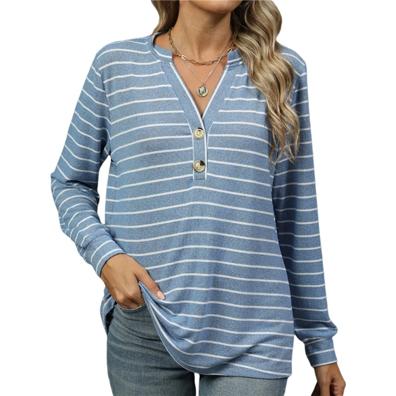 

ABP-Long Sleeve Shirts For Women Striped V Neck Pullover Loose Fit Y2K Tops Button Fall Outfits For Women
