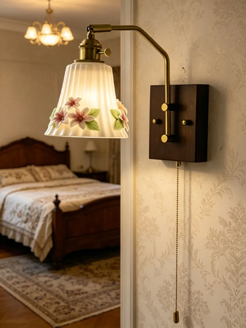 White Ceramic Wall Light Flower Wood Base Switch E27 Bulb