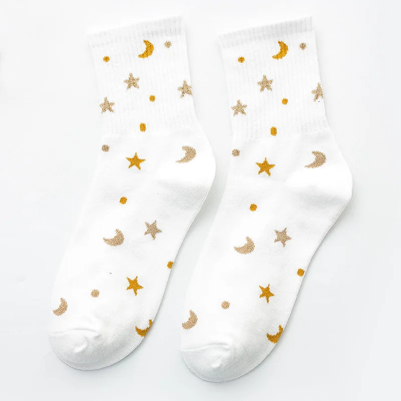 Japanese Korean Harajuku Silver Silk Woman Socks with Star Moon Cartoon Funny Socks Women Casual Kawaii Calcetines 31802