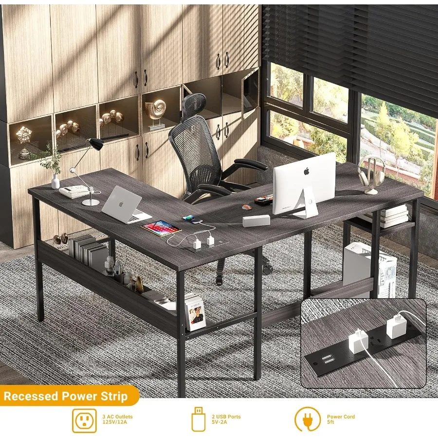 مكتب على شكل حرف L قابل للعكس مع منافذ طاقة سحرية ومنافذ شحن USB للمكتب المنزلي وإعداد الألعاب وحساب زاوية قوي #4