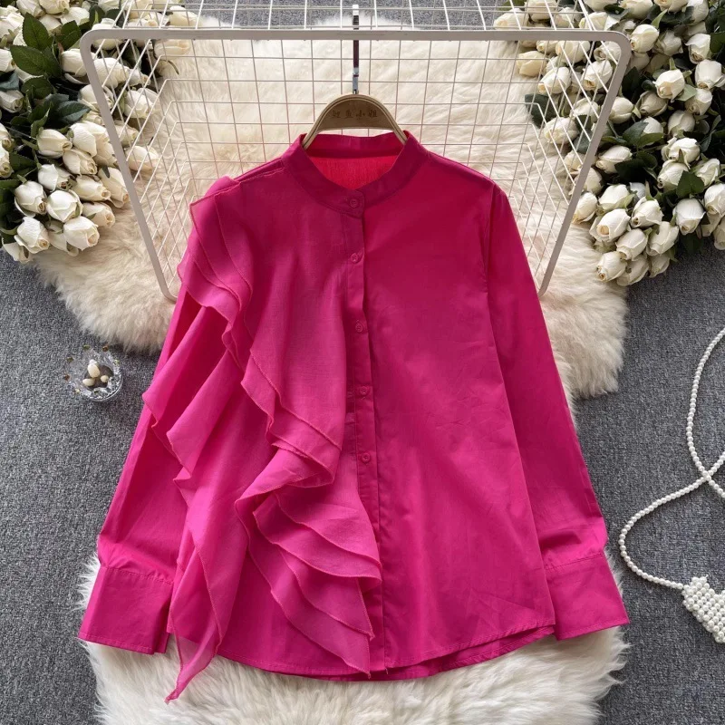 

Light Luxury Chic Fashionable Ruffle Edge Splicing Stand Up Collar, Single Breasted Long Sleeved Shirt For Women, Loose And
