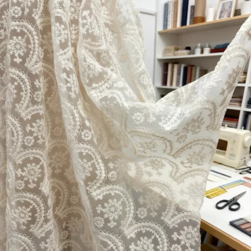 

French Romantic High End Embroidered Organza Fabric Soft Sheer Cotton Thread DIY Wedding Dress Gown Sewing Accessories