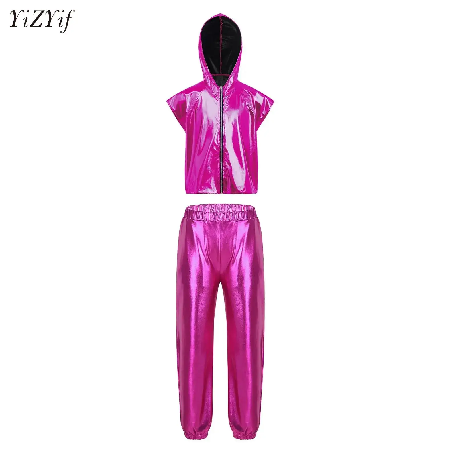 

Kids Boys Girls Hip-Hop Dance Performance Costumes Fashion Streetwear Sleeveless Hooded Vest Metallic Jacket Coat +Pants Sets