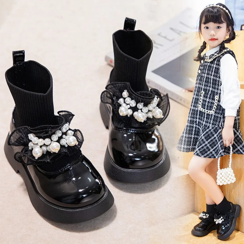 Girls Fashion Boots Patent Leather Children Elastic Socks Boots 2022 String Bead Autumn Princess Slip-On Ankle Boots Kids Shoes