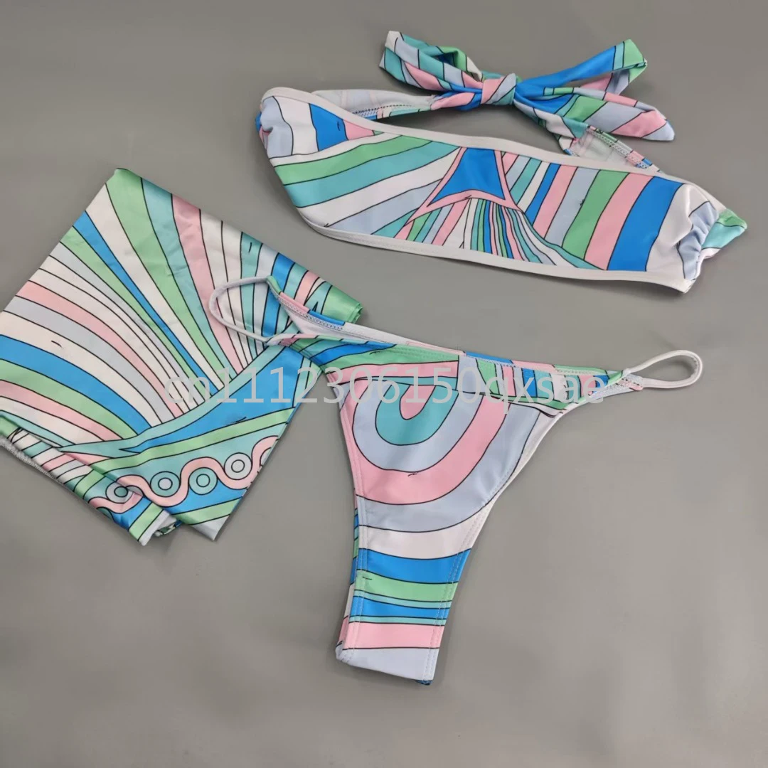 

Women's Blue Scarf Strapless Bikini Sets with Letter Signature Logo Lady Scarf Swimsuits Beachwear