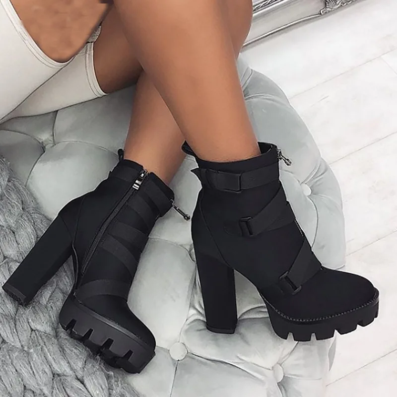 2023 New Fashion Spring Autumn Platform Ankle Boots Women 12cm Thick Heel Platform Boots Ladies Worker Boots Black Big Size