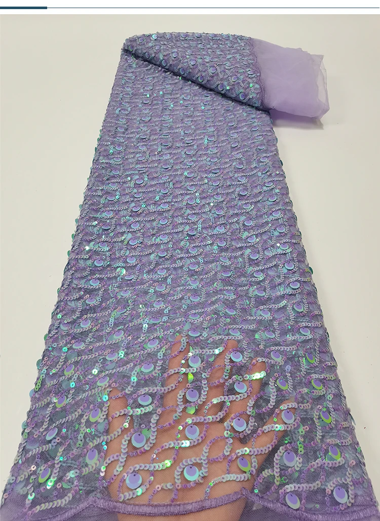 French purple mesh fabric, African small sequin spiral mesh sequin embroidery fabric for wedding dress and evening gown sewing