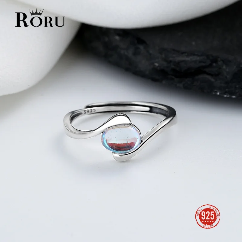 RORU Simple Open 925 Silver Rings With Natural Moonstone Fine Gemstone Anillos For Women Party Wedding Engagement Jewelry 2022