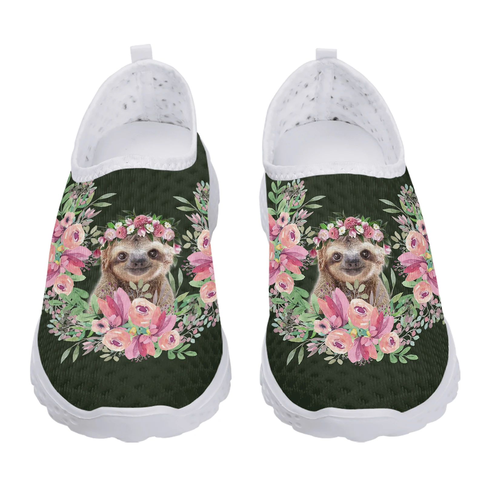 INSTANTARTS Cute Cartoon Sloth Hibiscus Print Flat Summer Mesh Shoes Comfortable Women Home Shoes Animal Printed Loafers