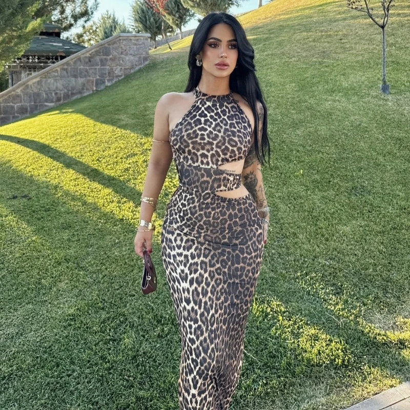 

Classic Leopard Print Sleeveless Dress Sexy Hollow Tight Dress Fashion Women Banquet Evening Dress Summer Round Neck Long Dress