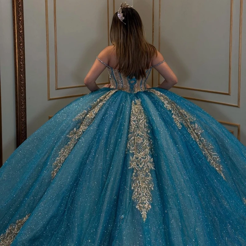 Blue Shiny Quinceanera Dresses Ball Gown Off The Shoulder Applique Lace Beads Tull Corset Party Birthday Sweet 16 Dress Vestidos