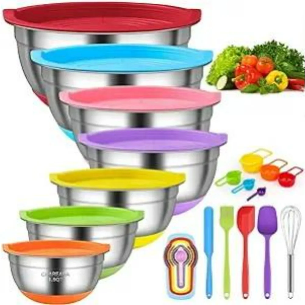 

Mixing Bowls with Airtight Lids, 18pcs Stainless Steel Nesting Colorful Mixing Bowls Set Non-slip Silicone Bottom