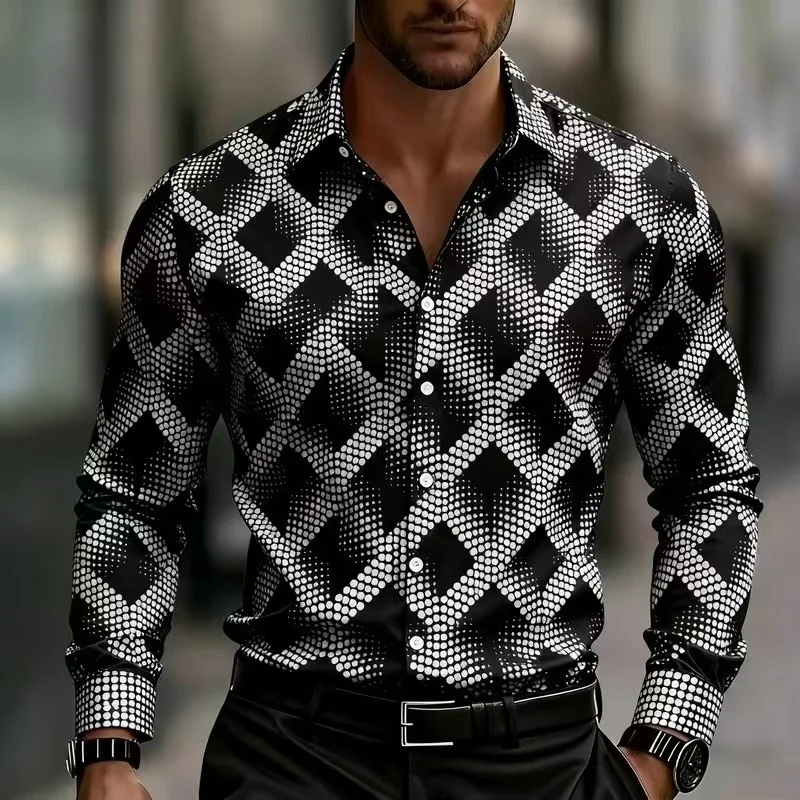 Men's Geometric Printed Long Sleeved Shirt  Elegant Button Up Shirt With Square And Striped Patterns  Casual And Fashionable