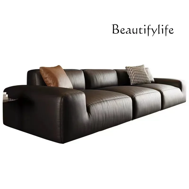 

Italian minimalist straight row sofa black modern light luxury living room leather fashion senior designer