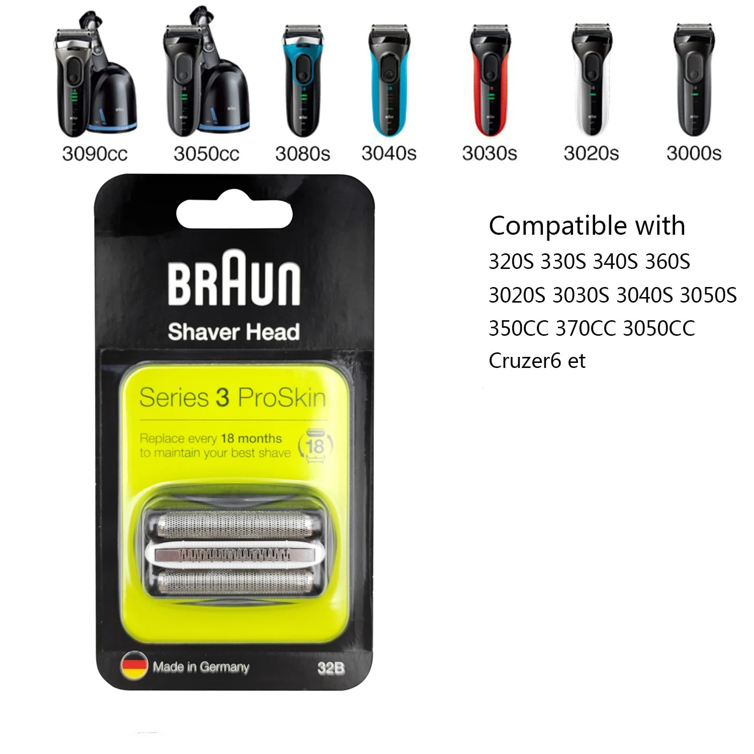 Braun 32B Series 3 Electric Shaver Replacement Head Accessories for Braun S3 Foil & Cutter Razor Heads Applicable for Braun S3