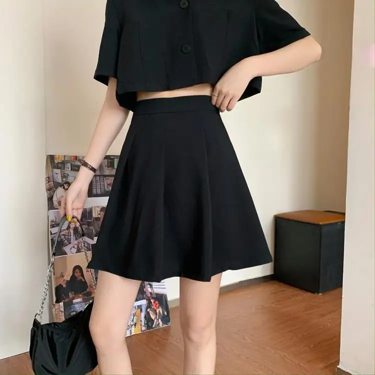 Summer New Korean Fashion Suit Women Set College Style Black Short-sleeved Short Paragraph Top Skirt Two-piece Set Matching Sets