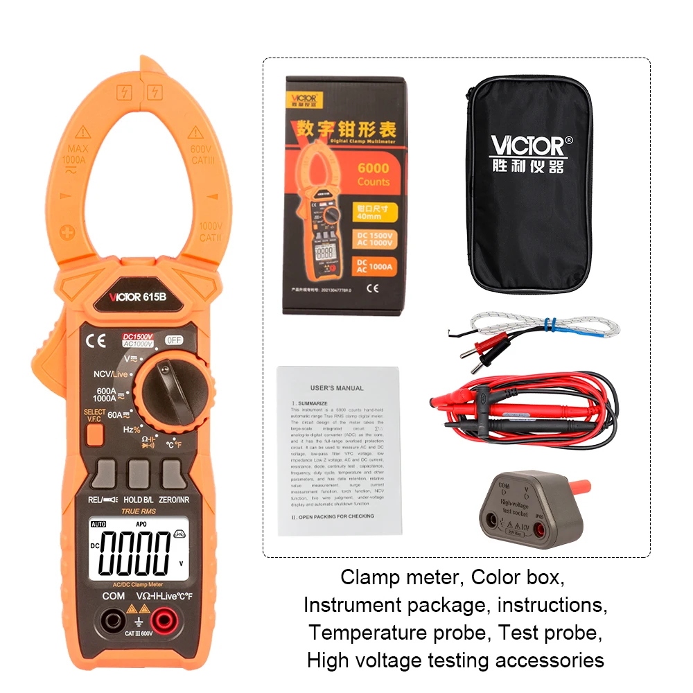 Victor 615B Digital Clamp Multimeter DC 1500V Intelligent Voltage Tester 6000 Counts Current Frequency Backlight NCV Ohm Meter