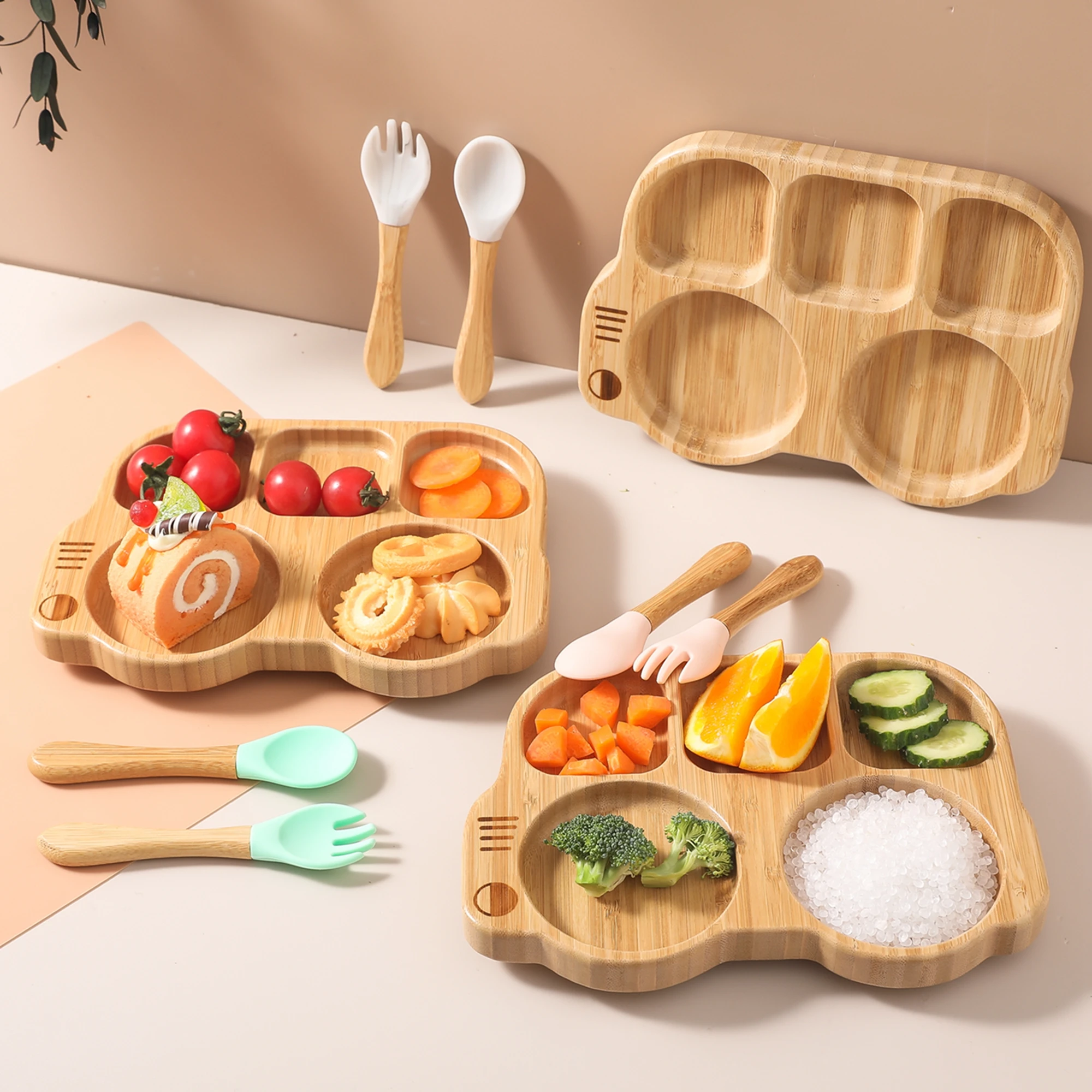 Baby Silicone Sucker Plate Spoon Fork Sets Children Feeding Tableware Set BPA Free Wooden Food Grade Dinner Plate Baby Stuff