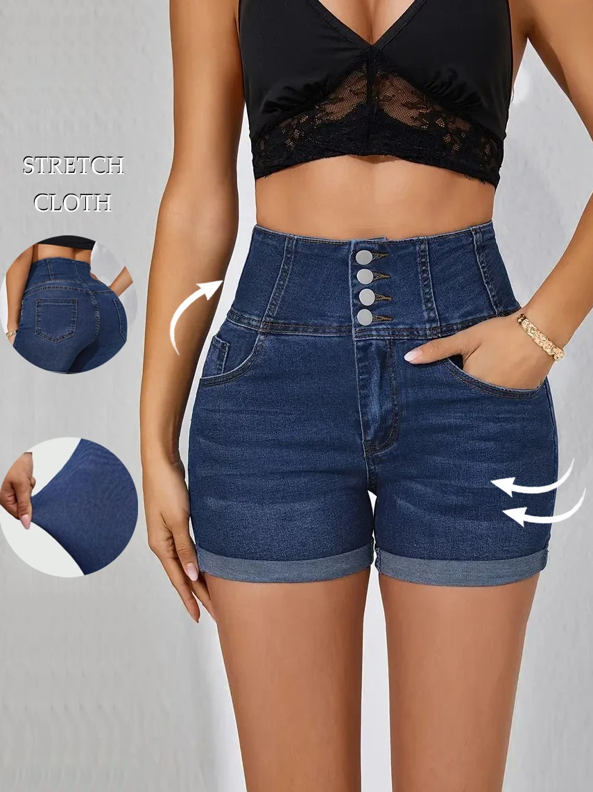 شورت نسائي من قماش الدنيم المطاطي عالي الخصر - تحكم في البطن وتصميم أساور مزدوجة، قيعان عصرية للصيف لملابس العصرية #1