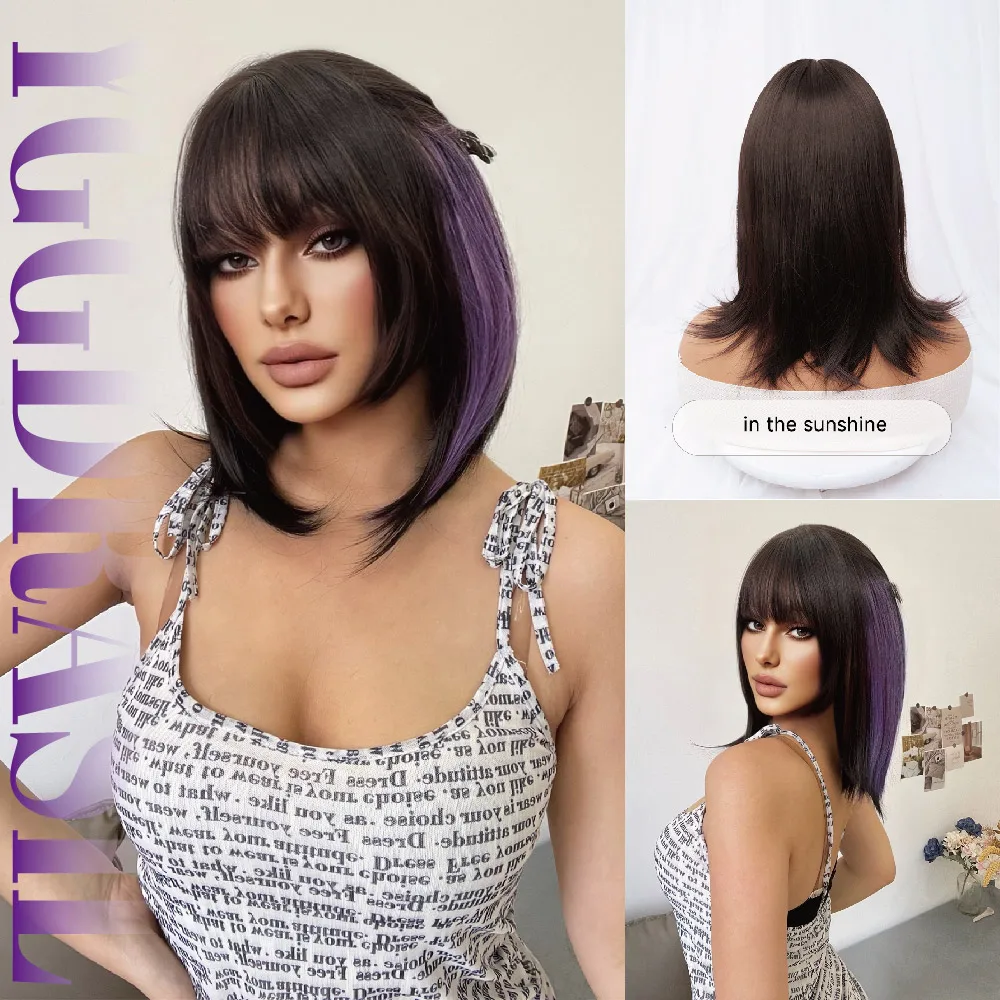 

16-дюймовый панк-черный мелированный фиолетовый синтетический парик с челкой, короткий парик из натуральных прямых волос для женщин, термостойкий косплей