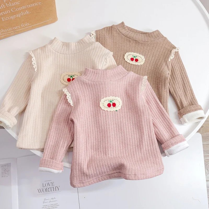 

LYY-Girls' Bottoming Shirt Winter New Children's Clothing All-Matching Western Style Baby Girls' Double Layer Fleece Lined Warm