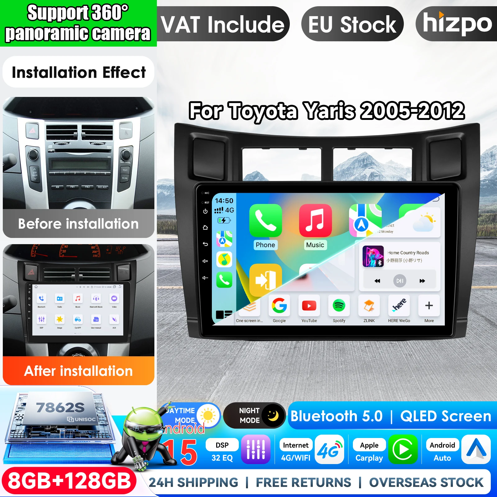 Hizpo Autoradio für Toyota Yaris 2005-2012 Systeme GPS-Navigation Multimedia-Player Drahtloses Carplay/Android Auto Head Unit Intelligente Systeme IPS Touchscreen Stereo-Videoplayer 2Din Autoradio