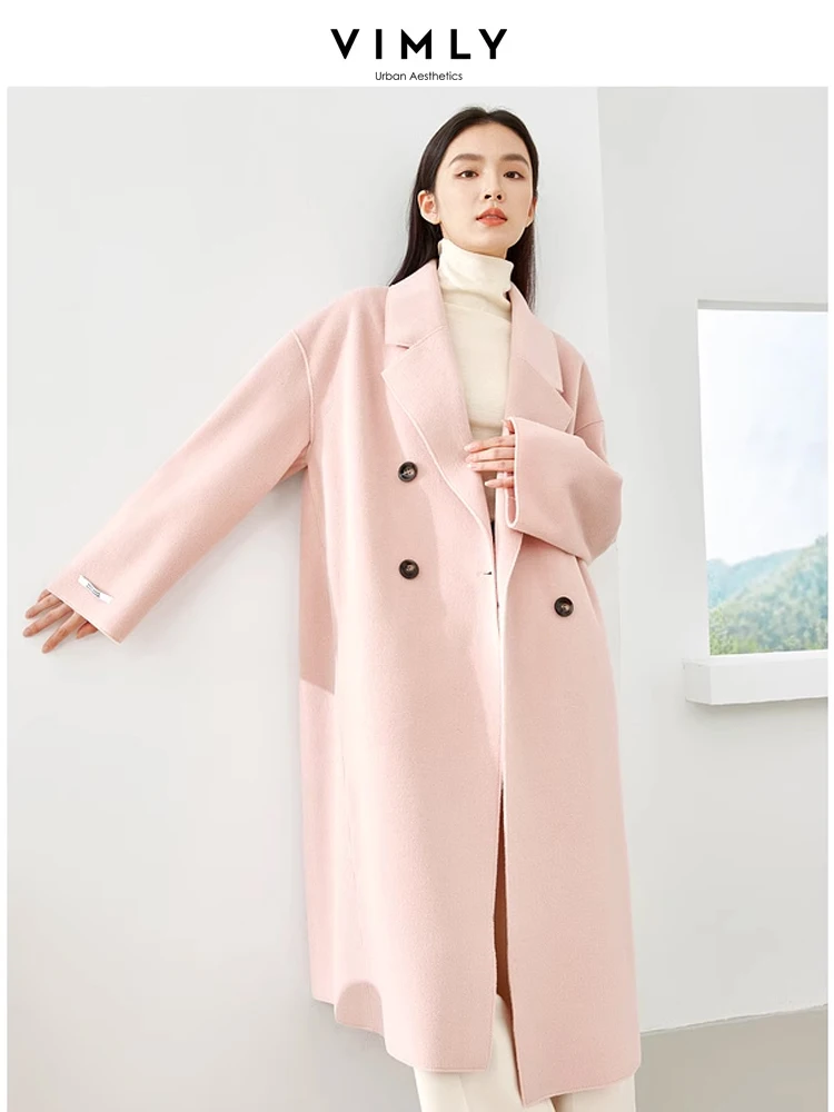 Vimly Blue Wool & Blends Long Coats Women Clothes 2023 Doule Breasted Elegant Office Lady Winter Warm Long Jacket Overcoat 16328