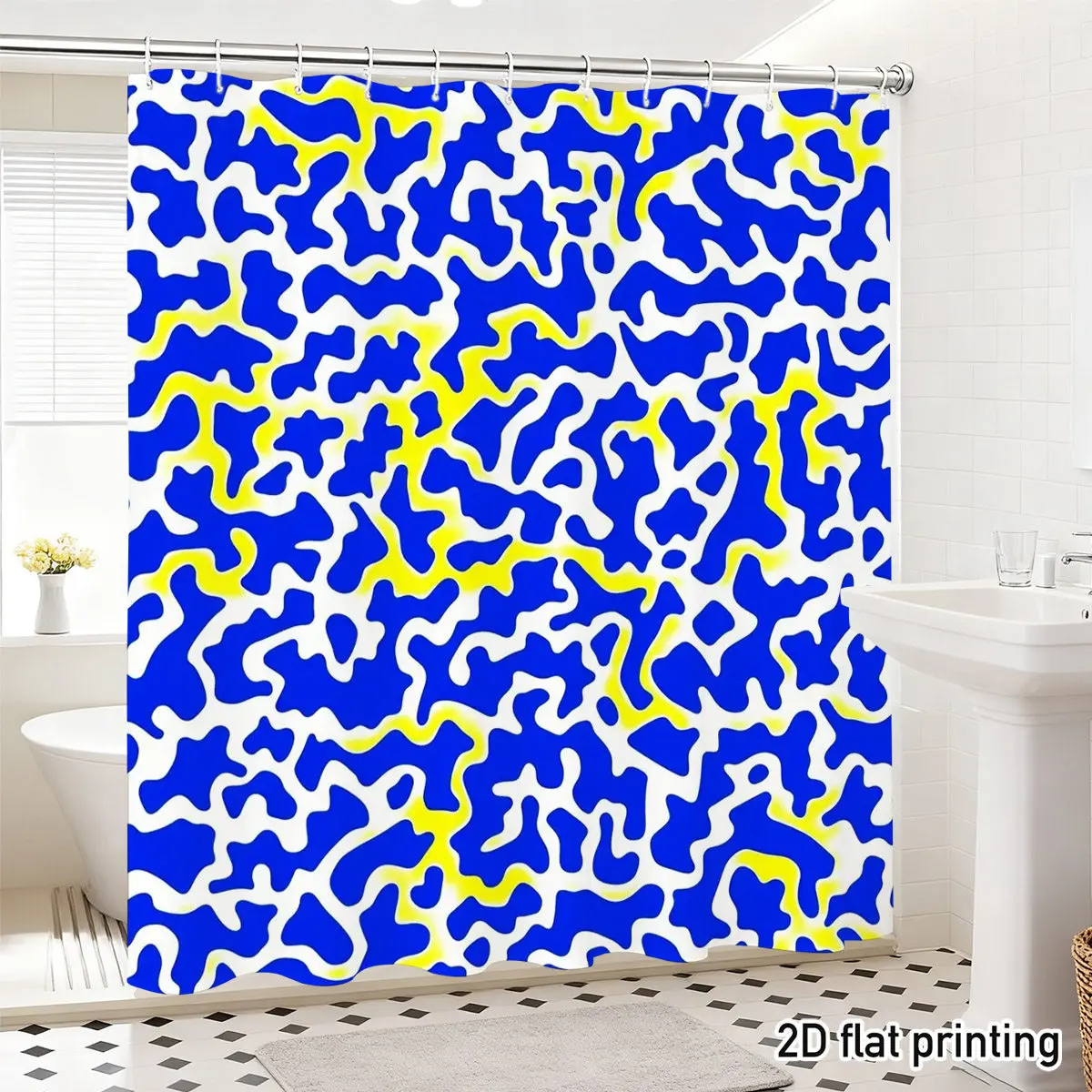 

Abstract Blue & Yellow Amorphous Pattern Shower Curtain White Base Bold Fluid Shapes Polyester Bathroom Decor