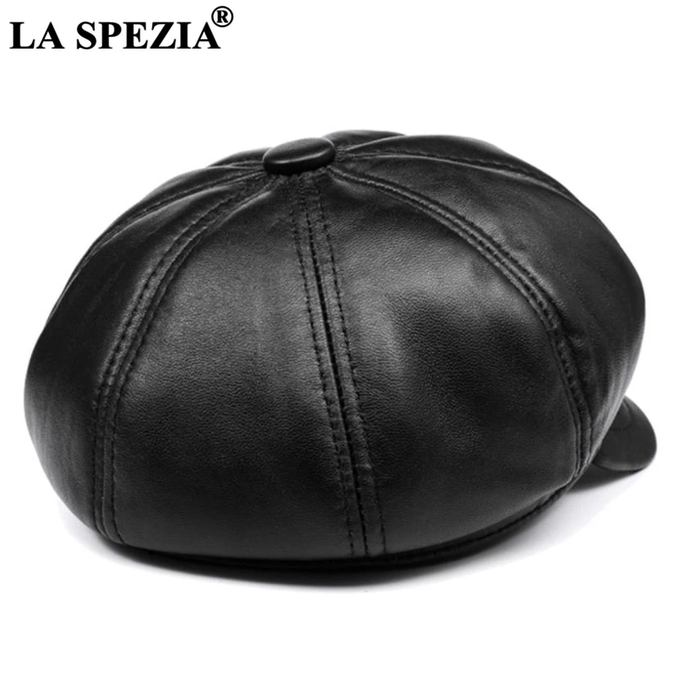 LA SPEZIA Real Leather Newsboy Cap Women Solid Baker Boy Cap Red Black Blue Pink Vintage Brand Ladies Winter Octagonal Cap