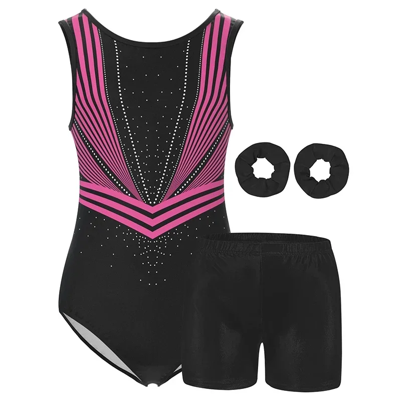 Leotards for Girls Gymnastics Kids Water-drop Back Tank Unitard Tumbling Activewear Outfits with Headbands and shorts