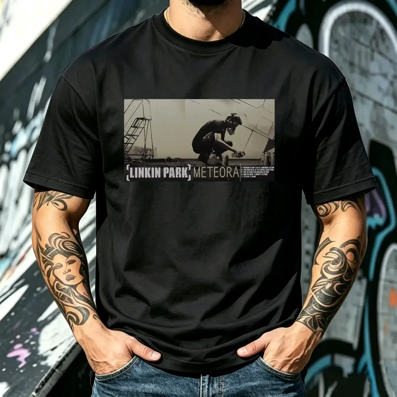 washed T Shirt Meteora Rock Graffiti Black long or short sleeves vintage Washed Top For Everyday Wear graphic Stylish Casual