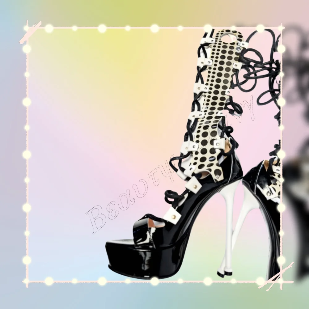 

Black White Polka Dot Sandal Boots Cross Tied 12 cm Patchwork Women Cover Heels Shoes for Women Shoes 2025 Zapatos Para Mujere