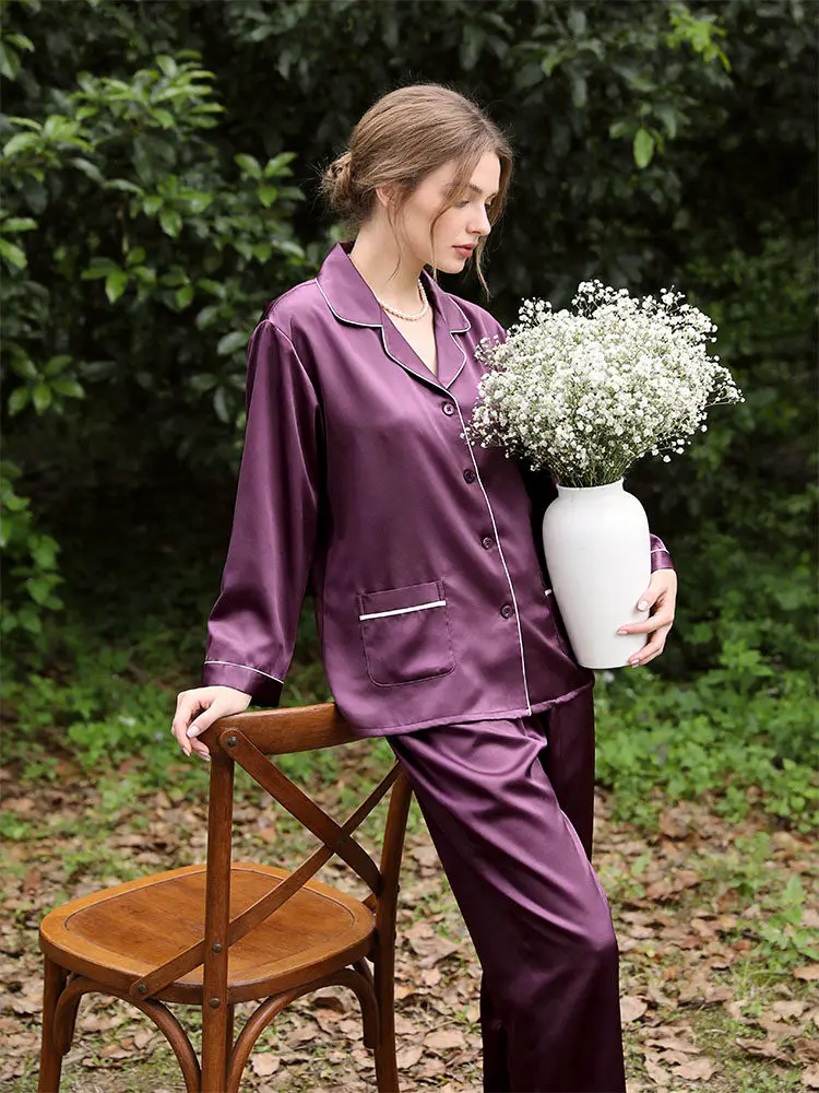 22momme 100% Mulberry Silk Women's Long Sleeve Pajama Set Two-Piece Solid Color Button Down Elegant Loungewear Spring Home Suit
