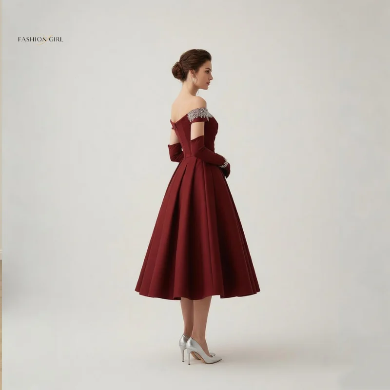 Customized Burgundy Cocktail Dress 2025 Strap Pearl Wine Red Satin Evening Dress Vintage Ball Dress with Gloves
