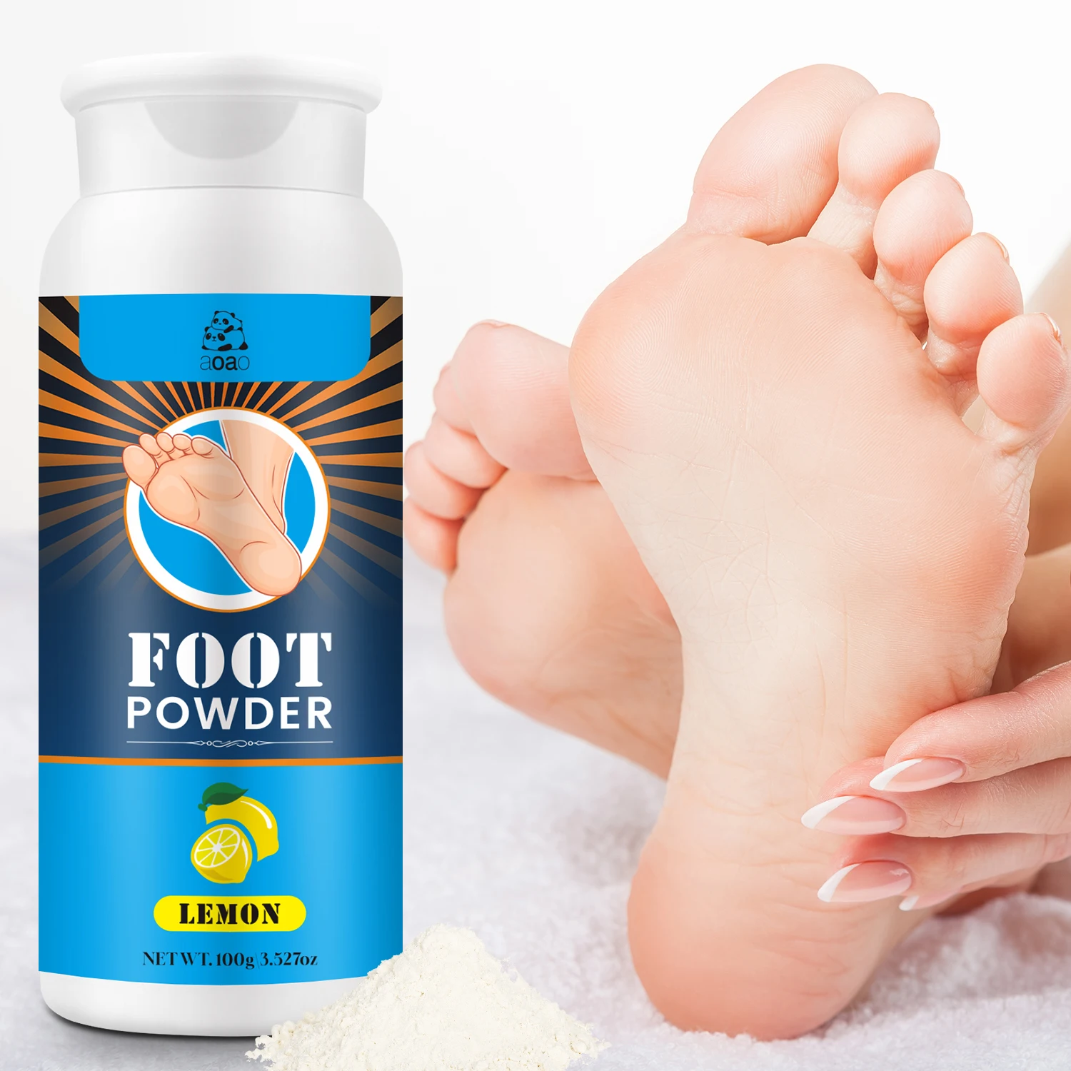 Desodorante en polvo para pies con almidón de maíz, dióxido de silicio y aroma de limón: frescura duradera, control de olores para zapatos y pies.