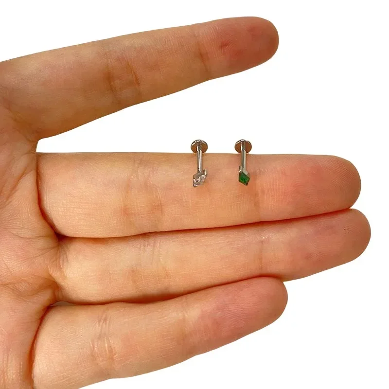 Titanium Rhombus Ear Piercing Earrings, Zircon Paved