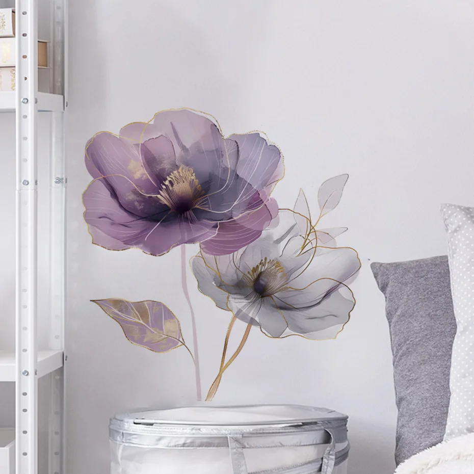 Purple Flower Wall Sticker Bedroom Home Decoration Living Room Removable Wallpaper Self-adhesive Stickers