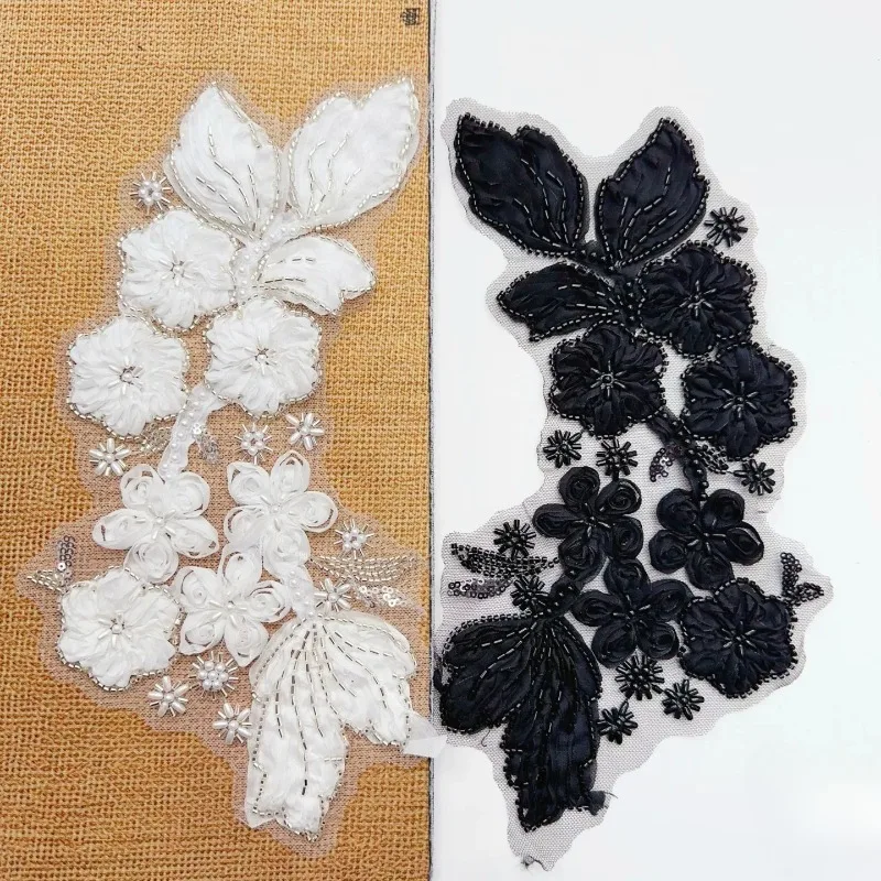 1pair Heavy Embroidery Flower Lace Patch White Black DIY Clothing Accessories Sewing Trim