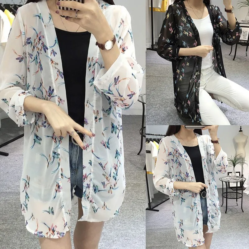 Stylish Women\'s Fashion Casual Long Sleeve Cardigan Chiffon Birds Printed Long Loose Blouse Shirt Sunscreen Clothing