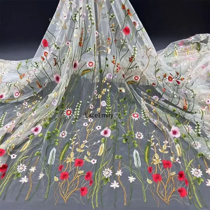 High quality Colorful Flower Lace Fabric densely embroidered draped tulle Fabric For Wedding Gown, Bridal Dress, Party
