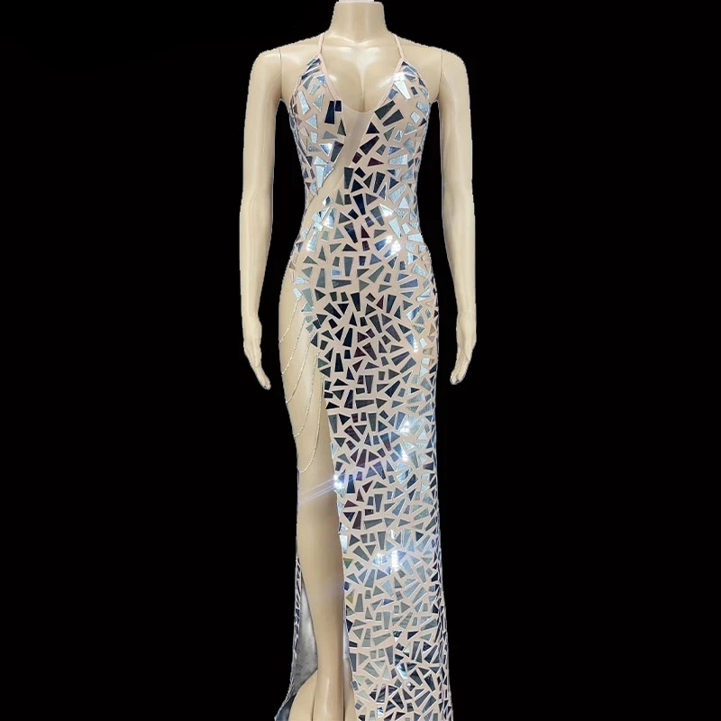 Vestido de fiesta de lujo para mujer, vestido transparente de malla con diamantes de imitación, espejos brillantes, cadenas, trajes de cumpleaños, Sexy