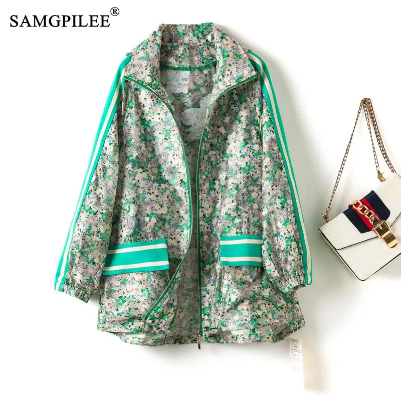 

Sun Protection Clothing Green Floral Patch Strip Contrast Color Hooded Light And Thin Oversized Cardigan Jacket Women's Summer