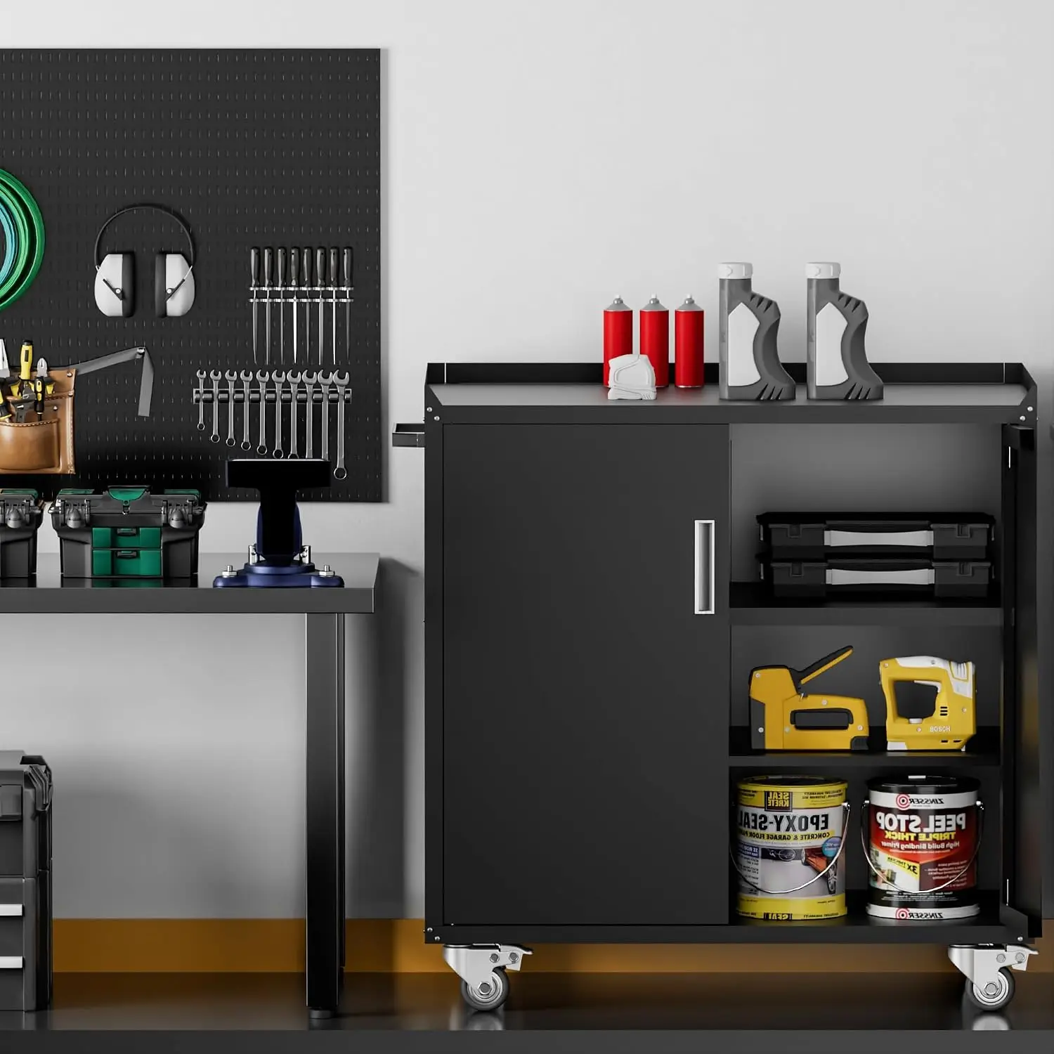 Metal Storage Cabinet with Wheels - Lockable, Rolling Tool Cabinet for Home, Office, Garage & Workshop - Black