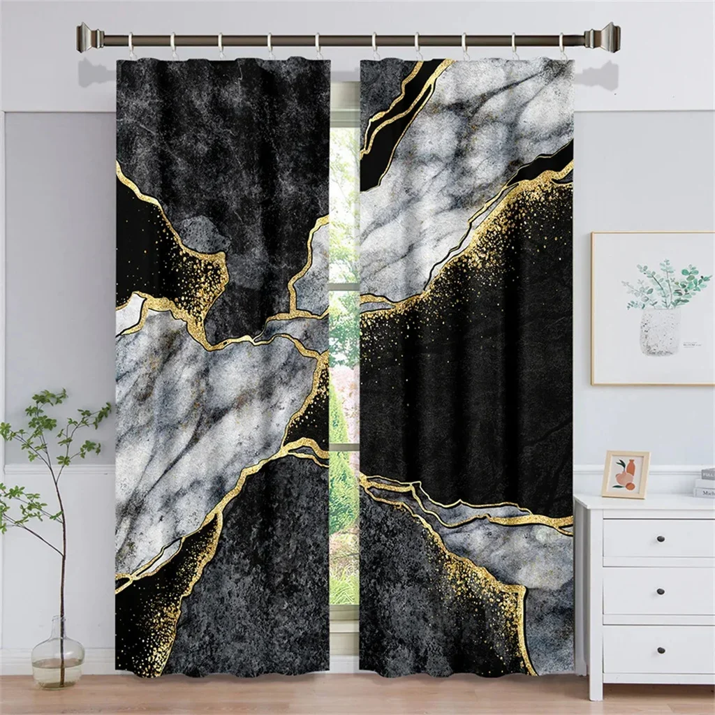 3D Modern Black Gold Abstract Art Marble Elegant Design 2 Pieces Thin Shading Window Drape Curtain for Living Room Bedroom Decor