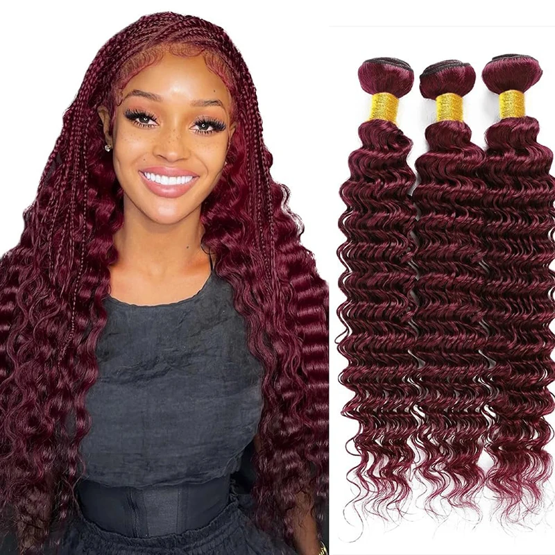 

99J Burgundy Deep Wave Bundles Human Hair 1/3/4 Bundles 100% Burmese Remy Human Hair Extensions 8-32 Inch For Women