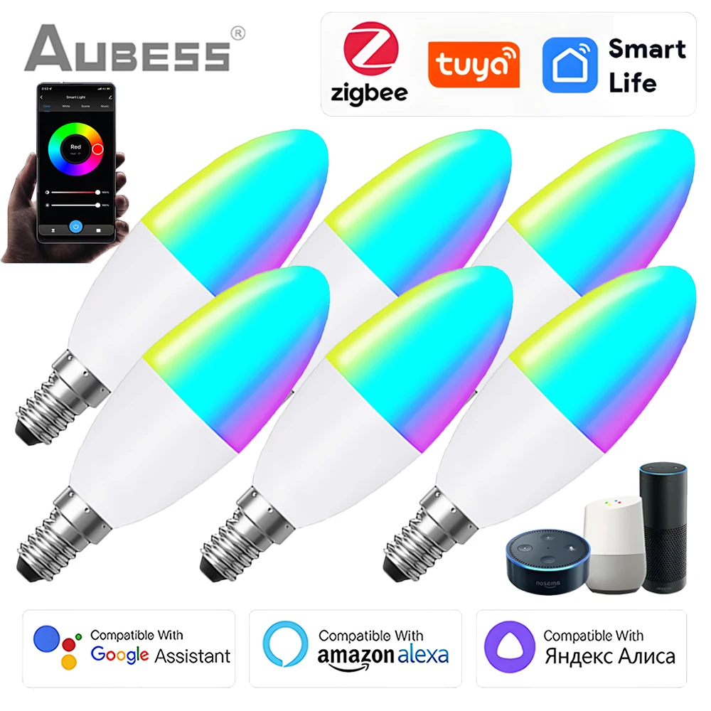 

TUYA Zigbee Smart Light Bulb E14 RGB+CCT 5W Dimmable LED Light Lamps Smartlife Voice Control With Alexa Google Home Yandex Alice