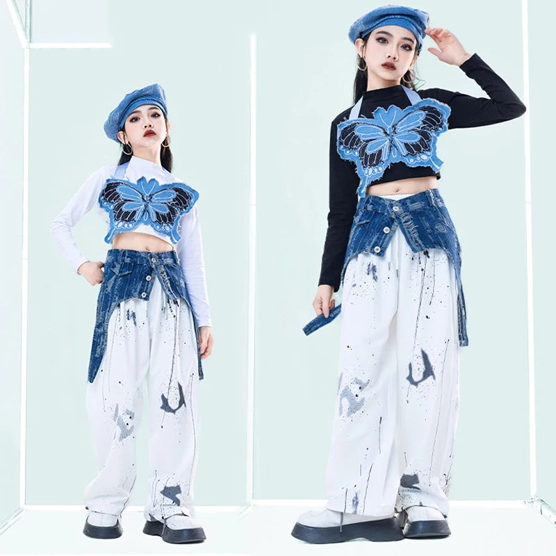 Neue kpop Mädchen Jazz Tanz Kleidung Schmetterling Weste Nabel Tops Hosen Kinder Hip Hop Performance Kostüm Festival Bühne Outfit bl12445